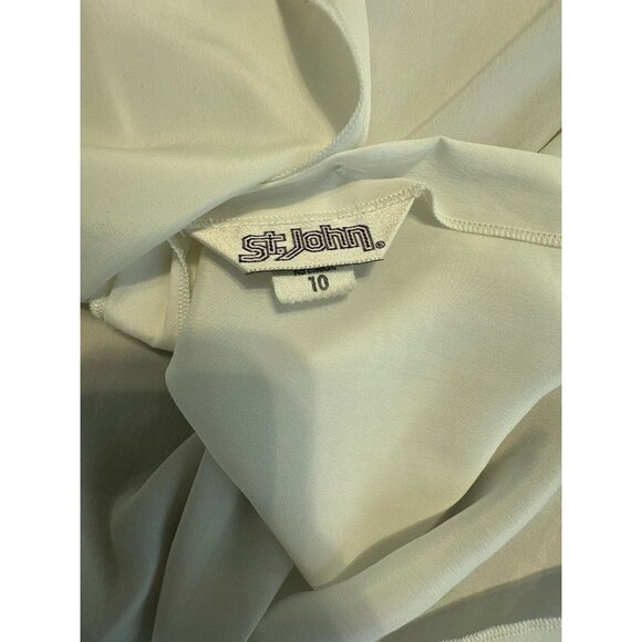 ST. JOHN White Button Down Collarless blouse Size 10  Sheer Blue Accent Luxury - Picture 7 of 9